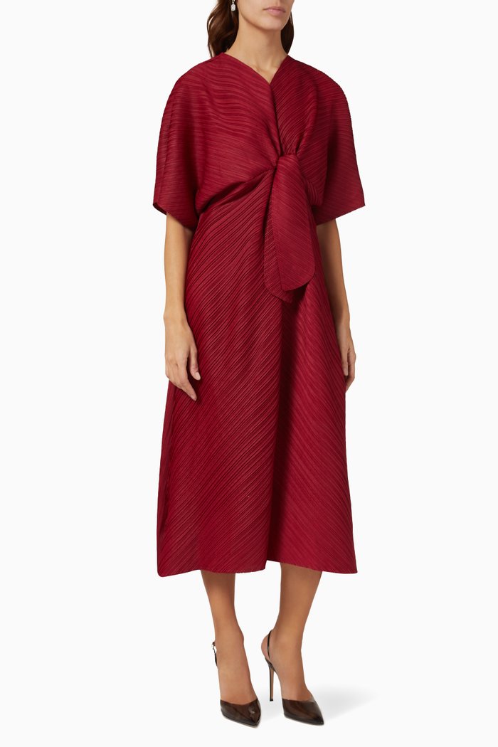 Mia Tie-front Midi Dress in Plissé, Red
