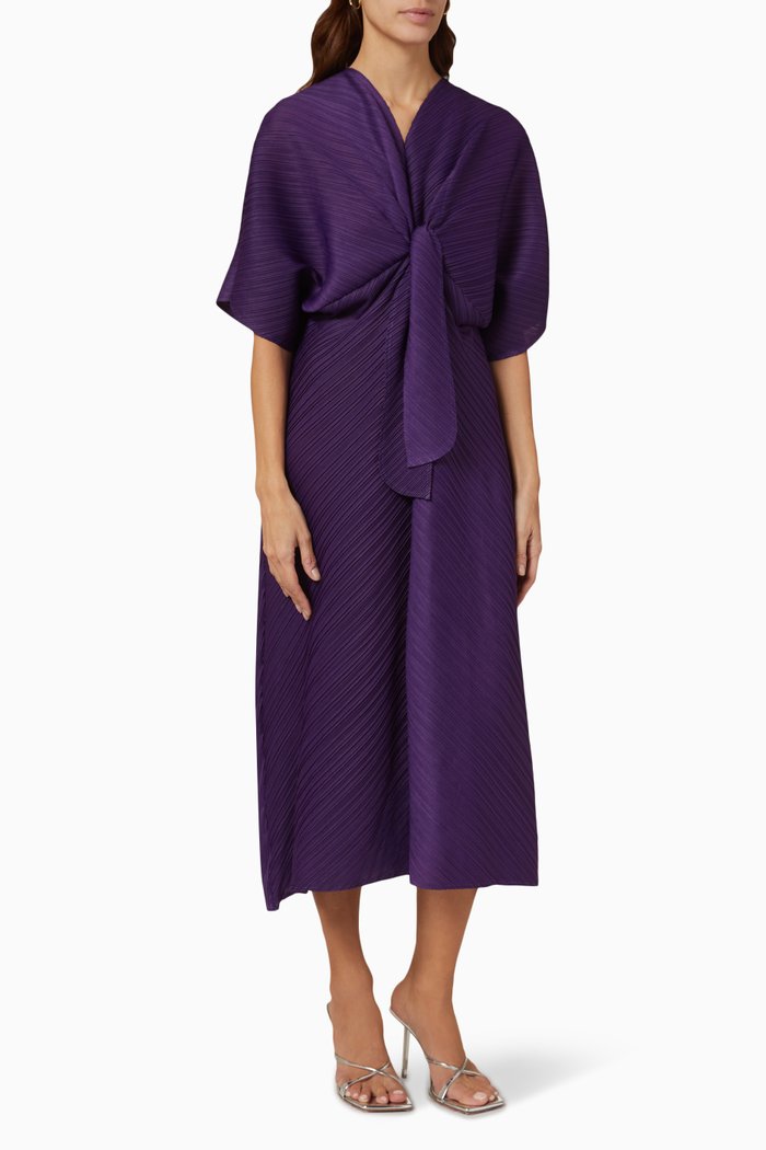 

Mia Tie-front Midi Dress in Plissé, Purple