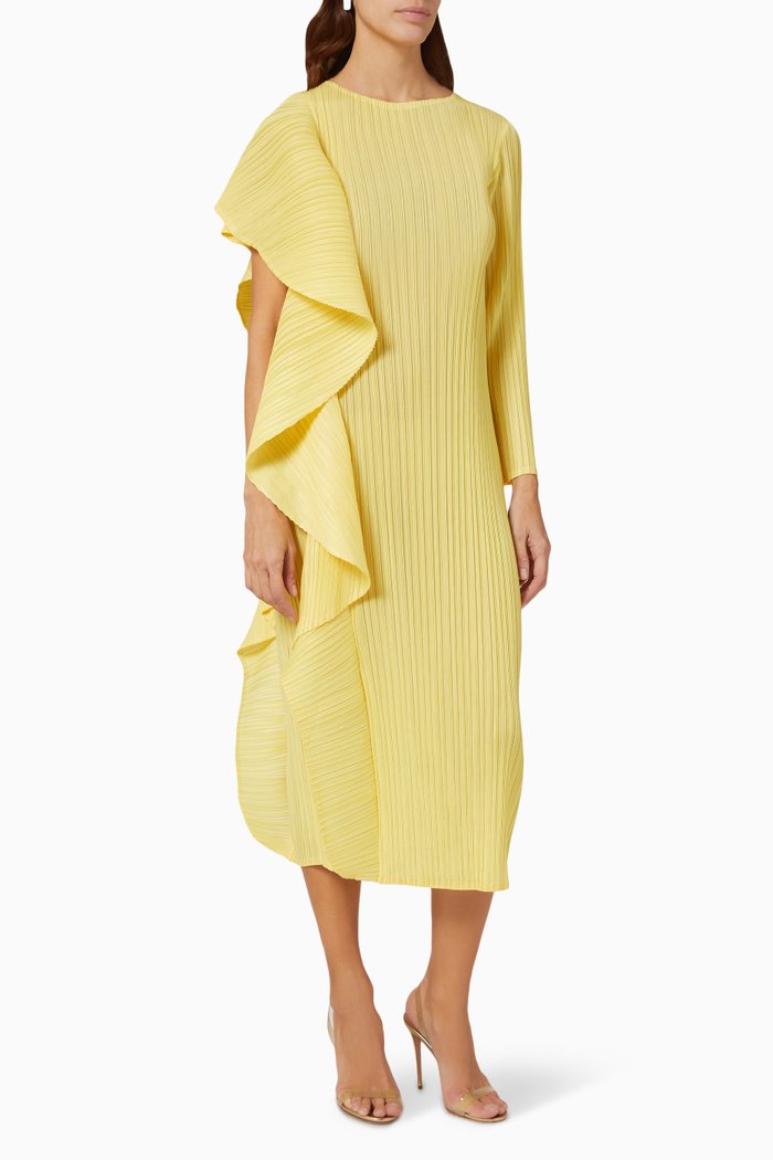 

Serena Ruffled Midi Dress in Plissé, Yellow