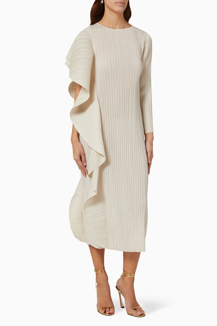 

Serena Ruffled Midi Dress in Plissé, Neutral