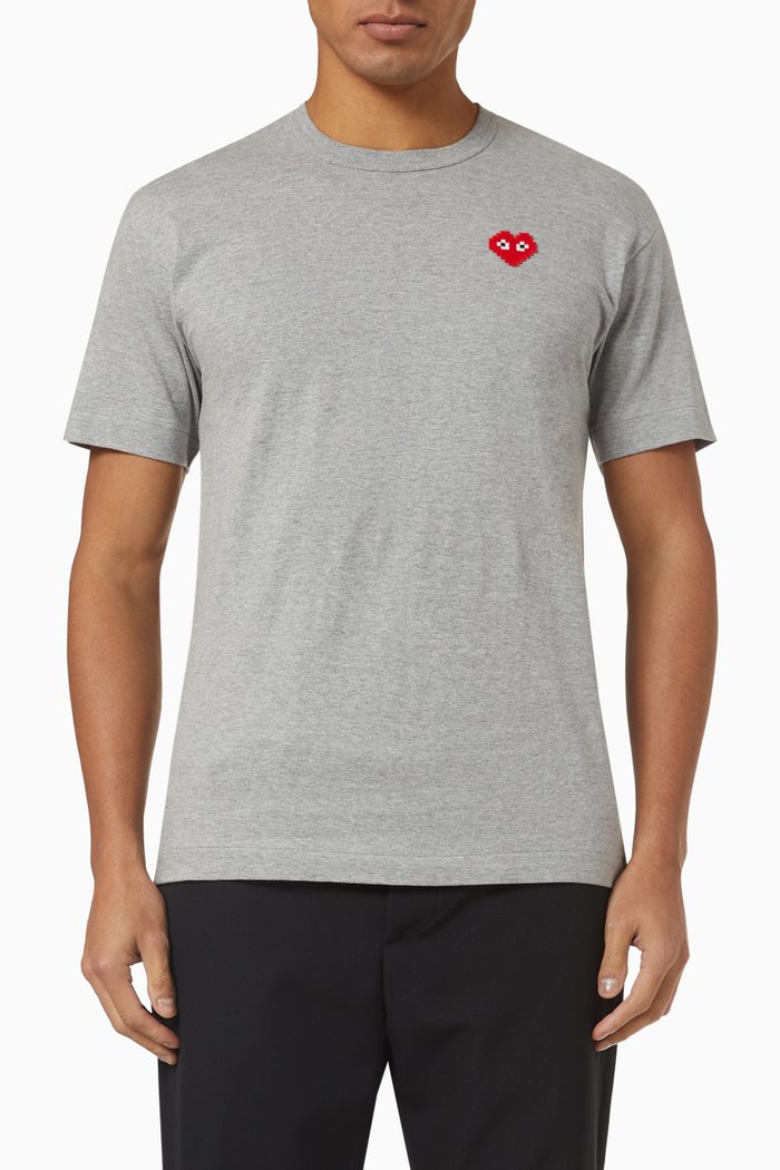 

x Invader Pixel Heart Embroidered T-shirt in Cotton, Grey