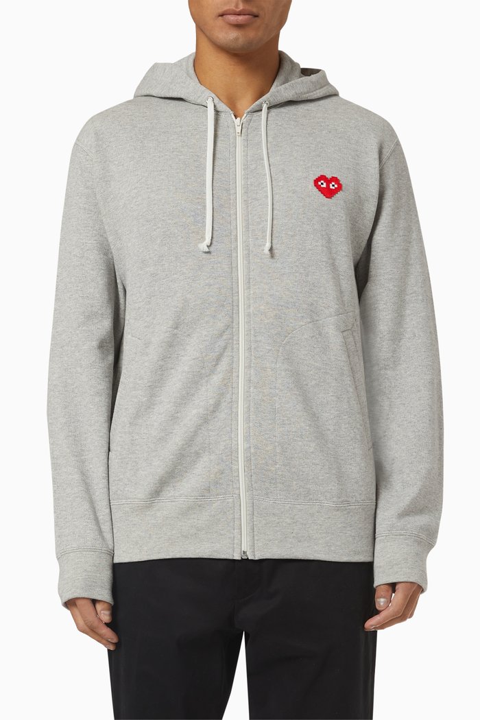 

x Invader Pixel Heart Embroidered Hoodie in Cotton, Grey