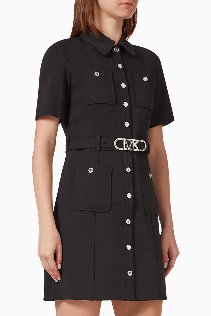 

Belted Utility Mini Dress in Stretch Crepe, Black