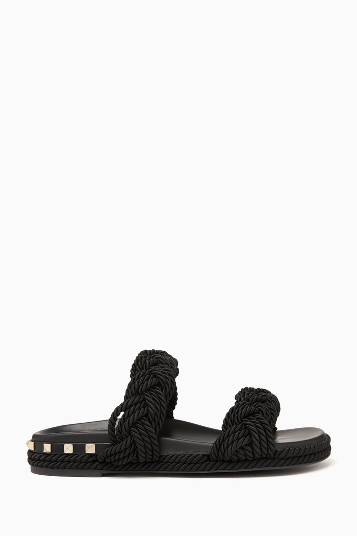 

Valentino Garavani Rockstud Double-strap Slides in Braided Silk, Black