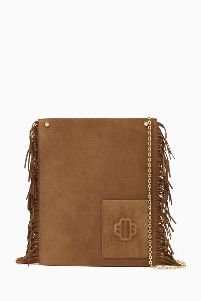 

Fringe Trim Flat Bag in Suede, Brown