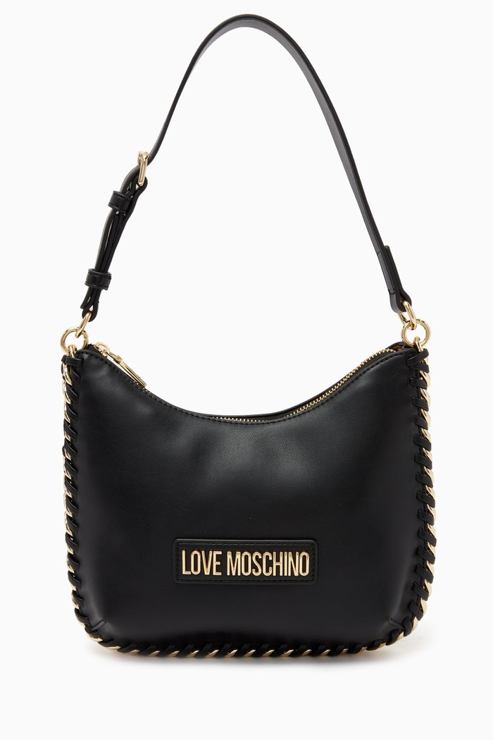 

Small Chunky Chain-trimmed Shoulder Bag in Leather, Black
