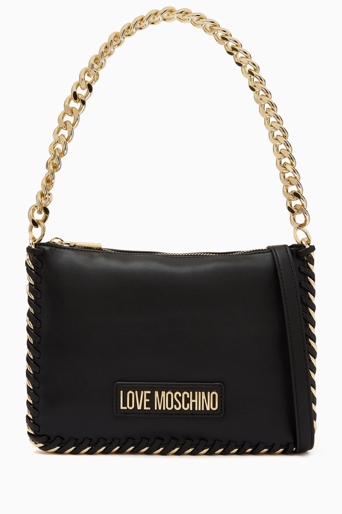 

Chunky Chain-trimmed Shoulder Bag in Leather, Black