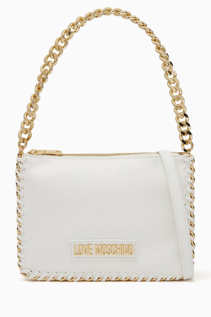 

Chunky Chain-trimmed Shoulder Bag in Leather, White