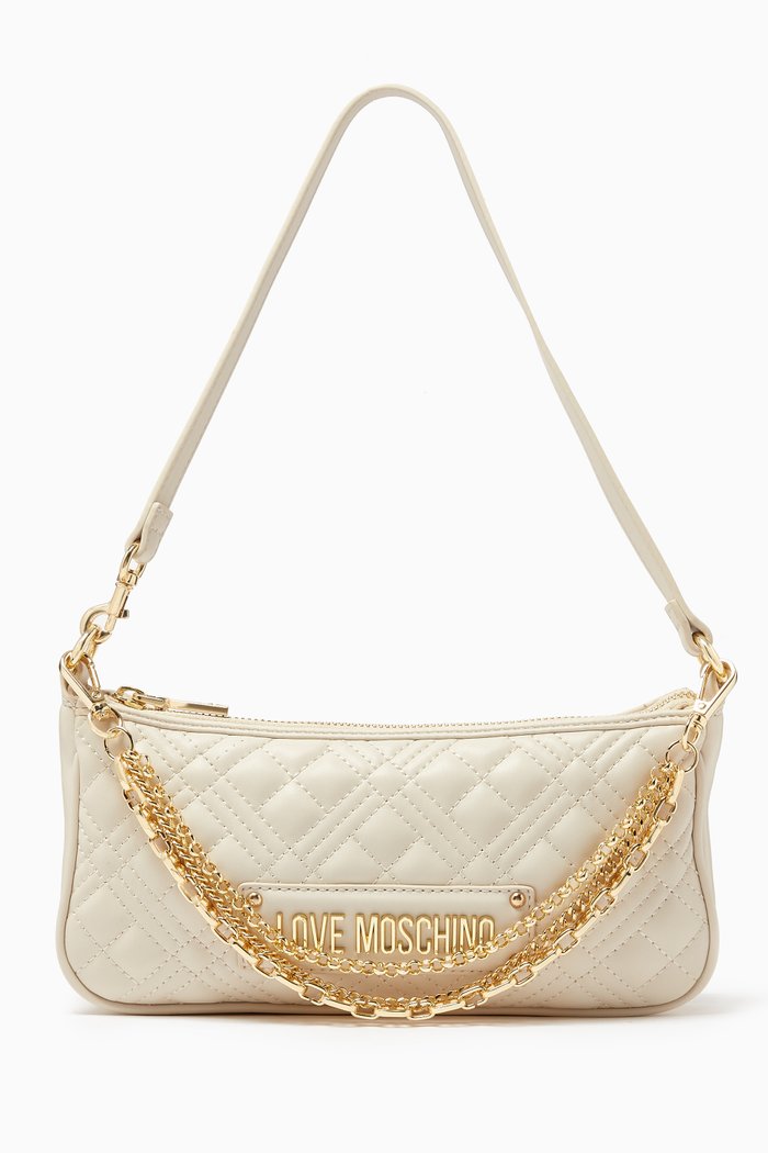 Small Quilted Multi Chain Shoulder Bag in Leather, Grey