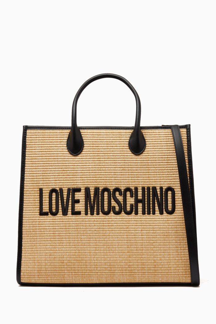 

Large Madame Embossed Logo Tote Bag in Raffia & Leather, Black