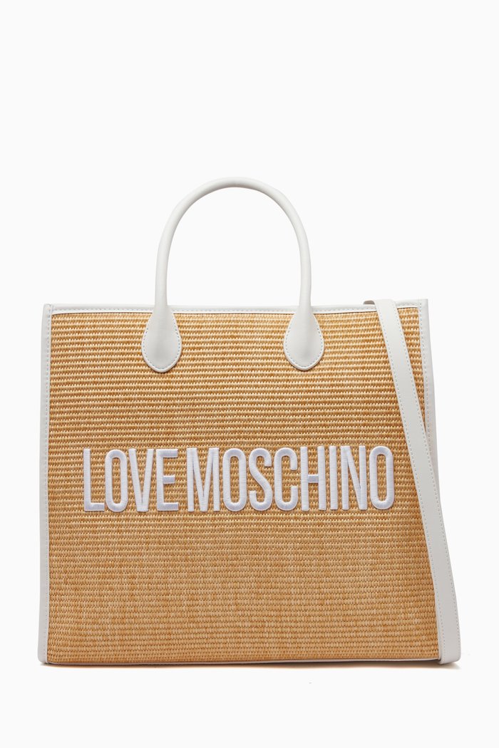 

Large Madame Embossed Logo Tote Bag in Raffia & Leather, White