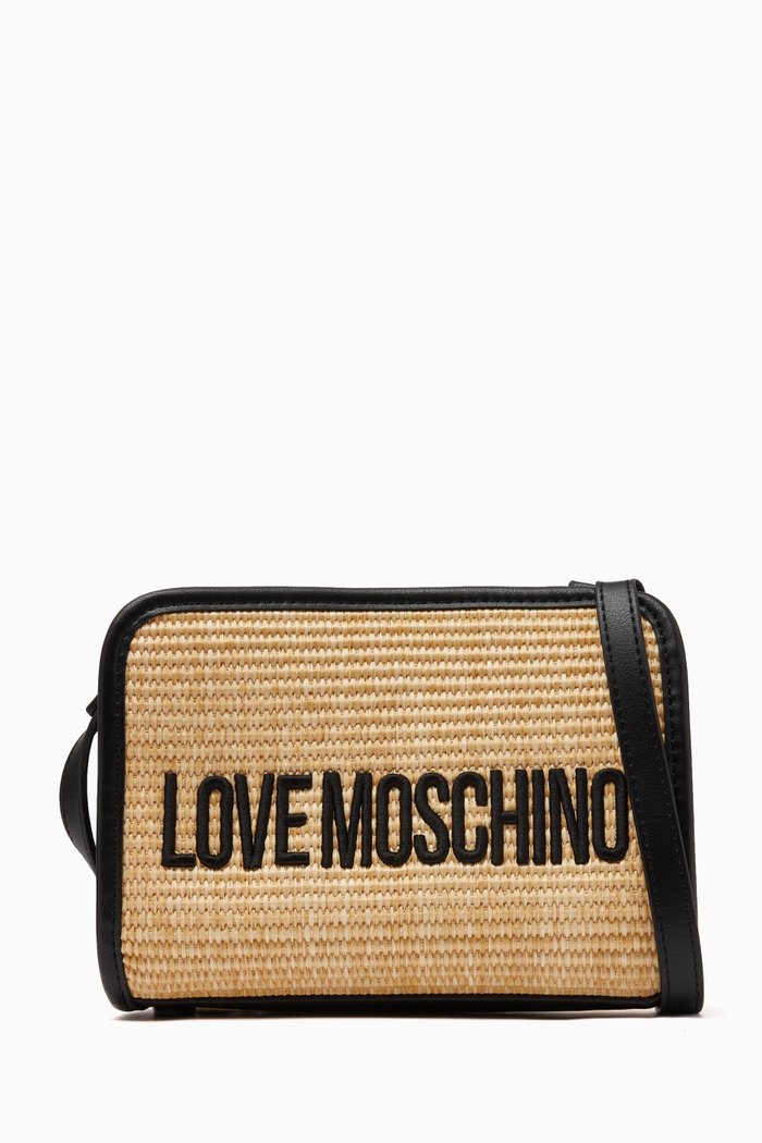 

Small Madame Leather-trimmed Crossbody Bag in Raffia, Black