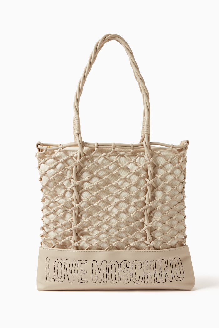 

Medium Summer Tote Bag in Canvas & Faux Leather, White