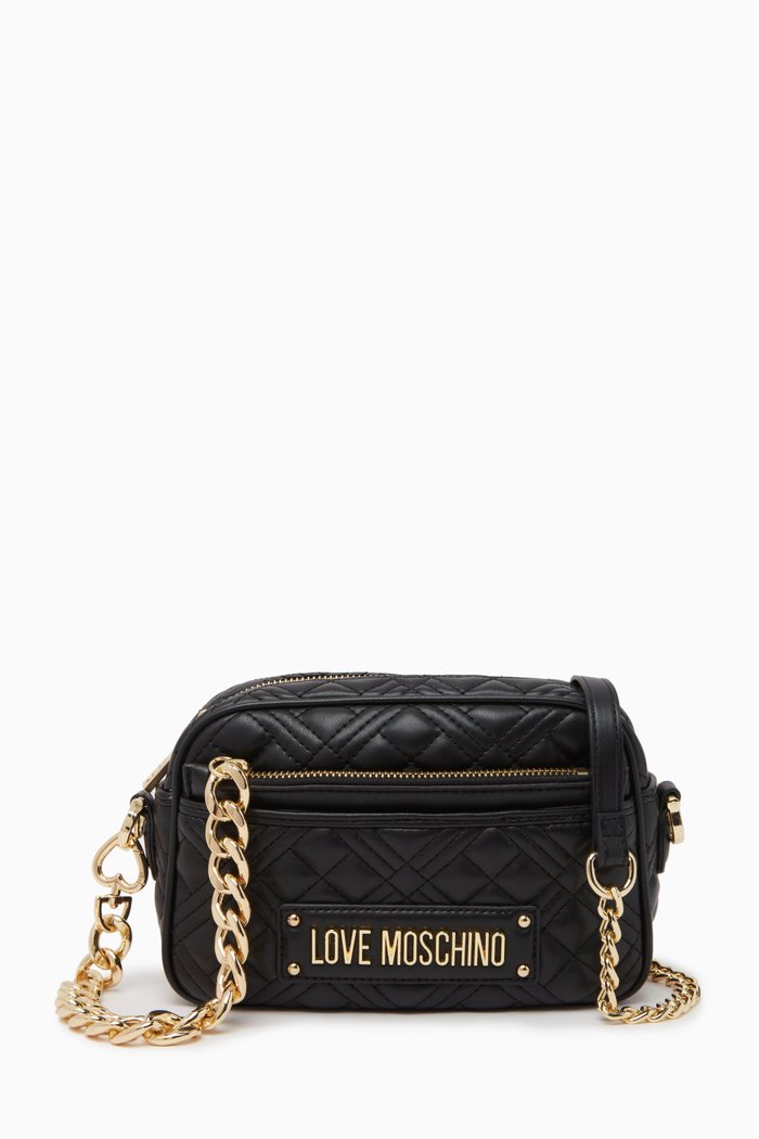 Quilted Crossbody Bag with Pouch in Faux Leather, Black
