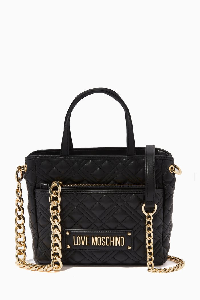 

Quilted Tote Bag with Pouch in Faux Leather, Black