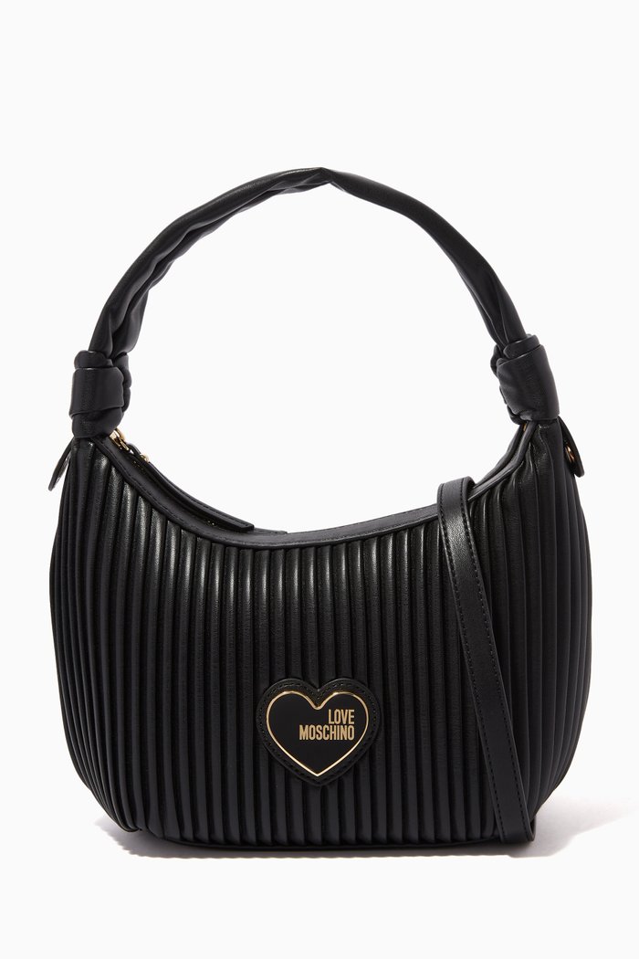 

Pleated Shoulder Bag in Faux Leather, Black