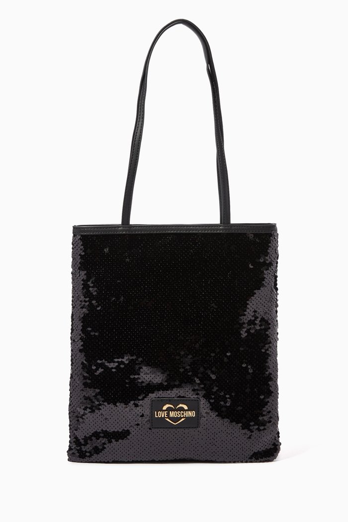 

Paillettes Spring Tote Bag in Faux Leather, Black