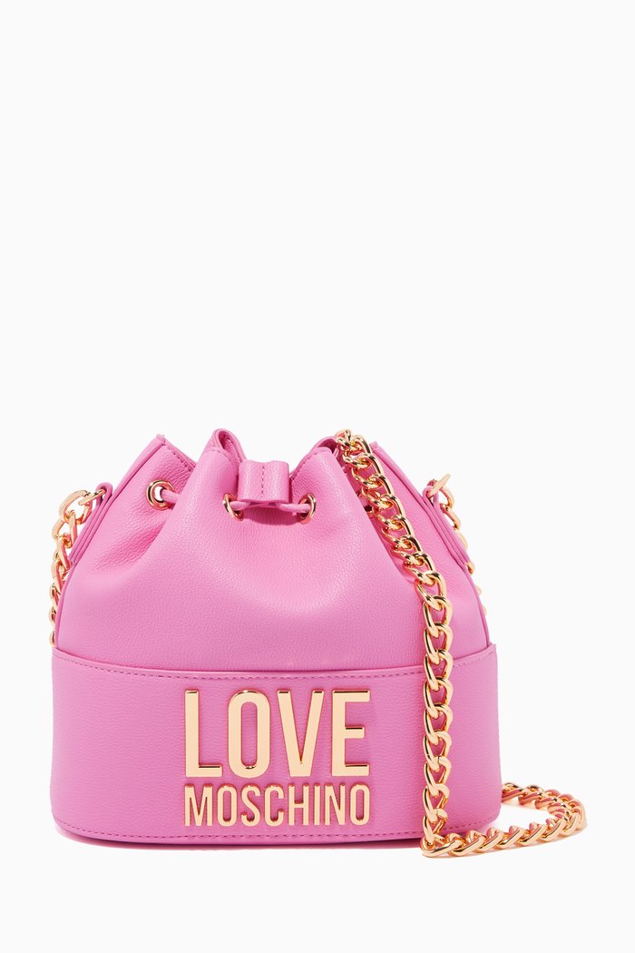 Drawstring Bucket Bag in Faux Leather, Pink