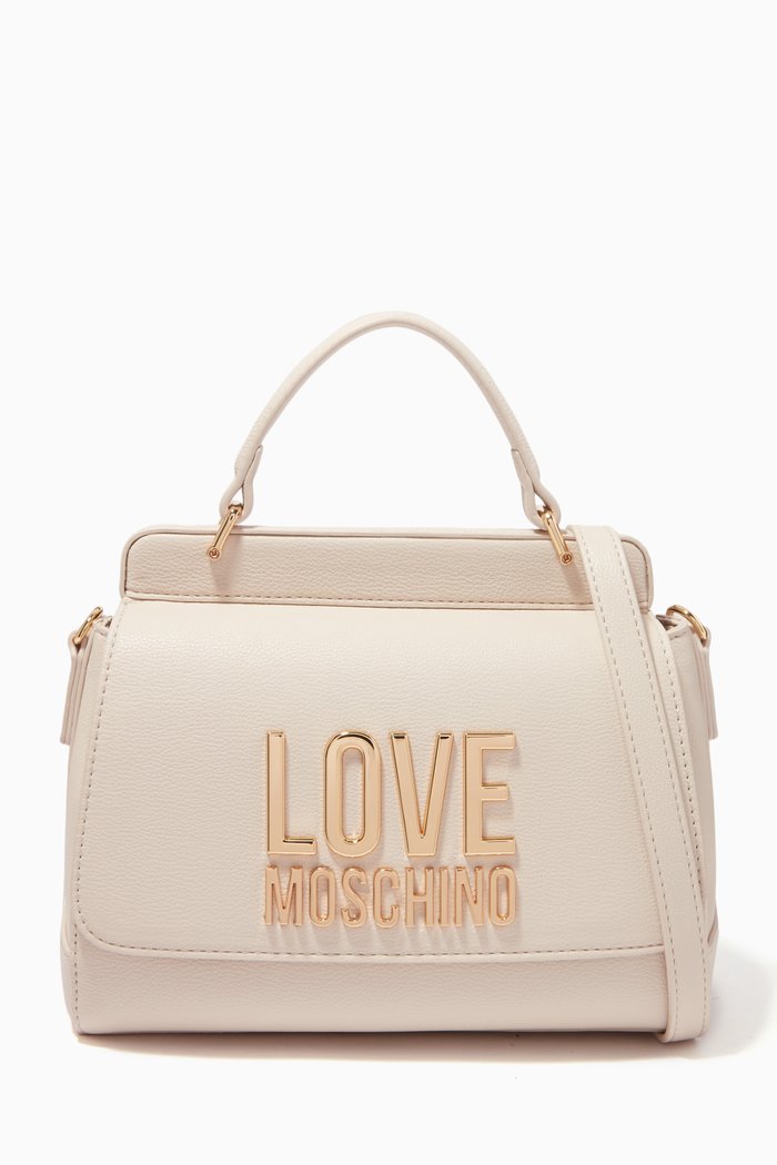 Top Handle Logo Bag in Faux Leather, White
