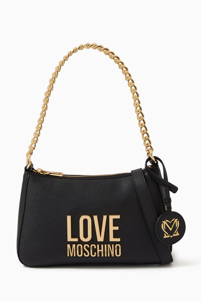 

Maxi Logo Chain Shoulder Bag in Leather, Black