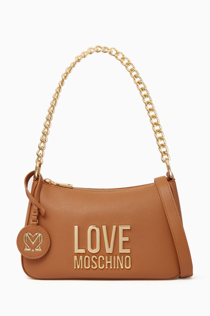 

Maxi Logo Chain Shoulder Bag in Leather, Brown