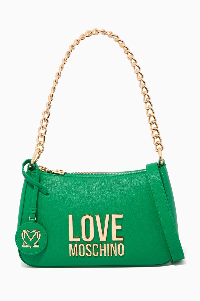 Maxi Logo Chain Shoulder Bag in Leather, Green