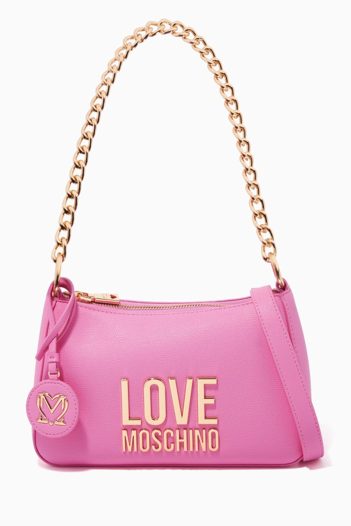 

Maxi Logo Chain Shoulder Bag in Leather, Pink