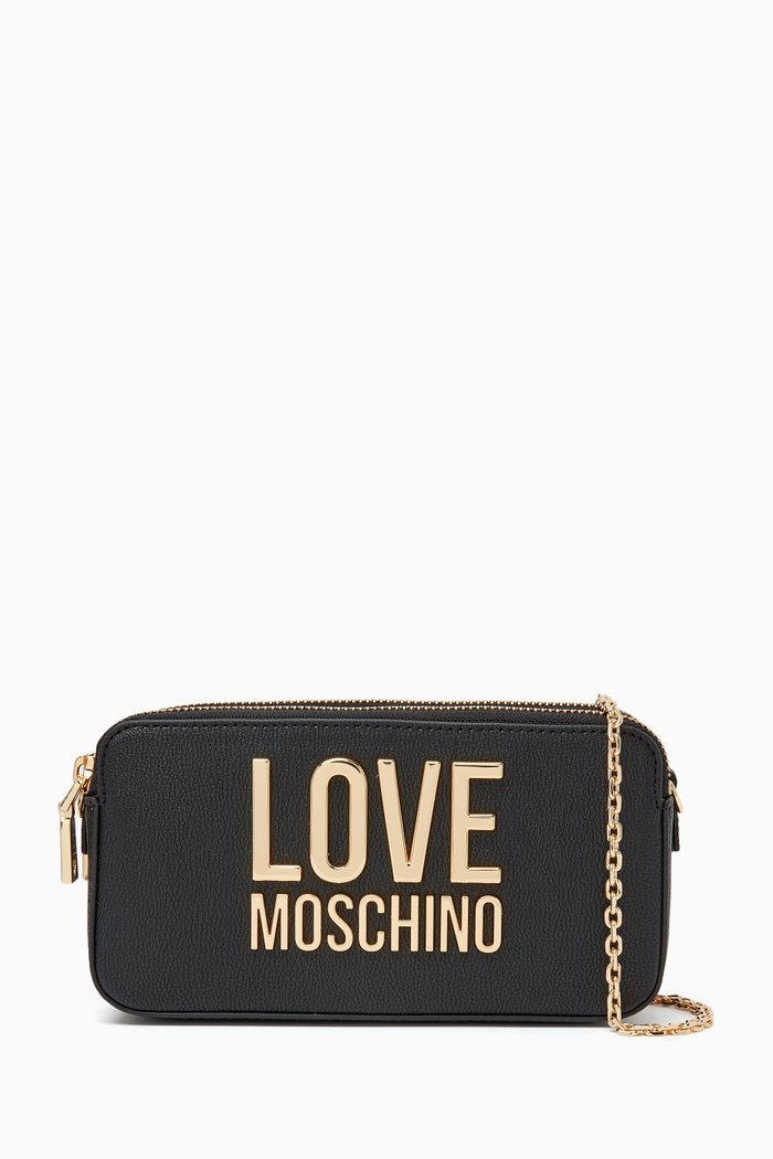 Letter Logo Wallet on Chain in Faux Leather, Black
