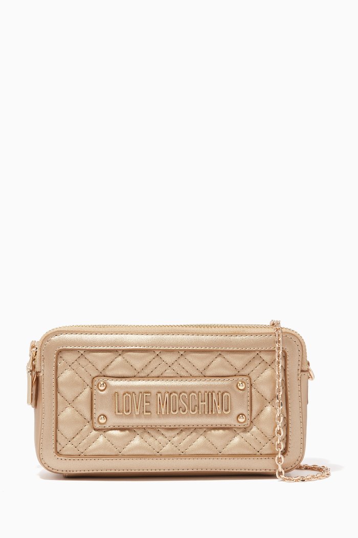 Chain Wallet in Metallic Quilted Faux-leather, Gold