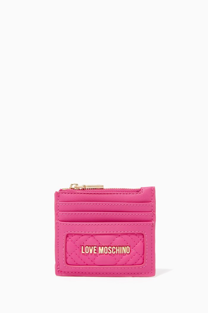 Logo Card Holder in Quilted Faux Leather, Pink
