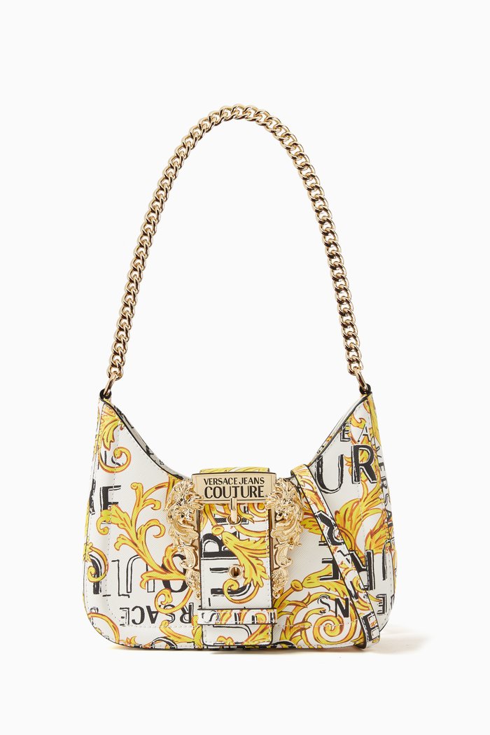 

Medium Buckle Chain Shoulder Bag in Faux Leather, White