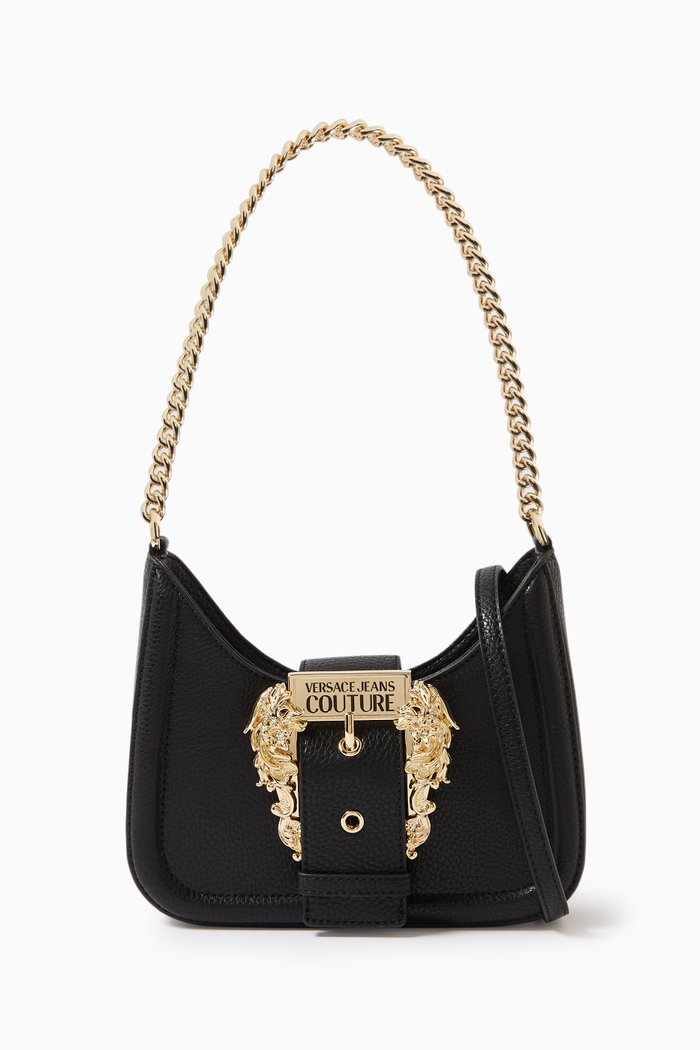 

Buckle Chain Shoulder Bag in Faux Leather, Black