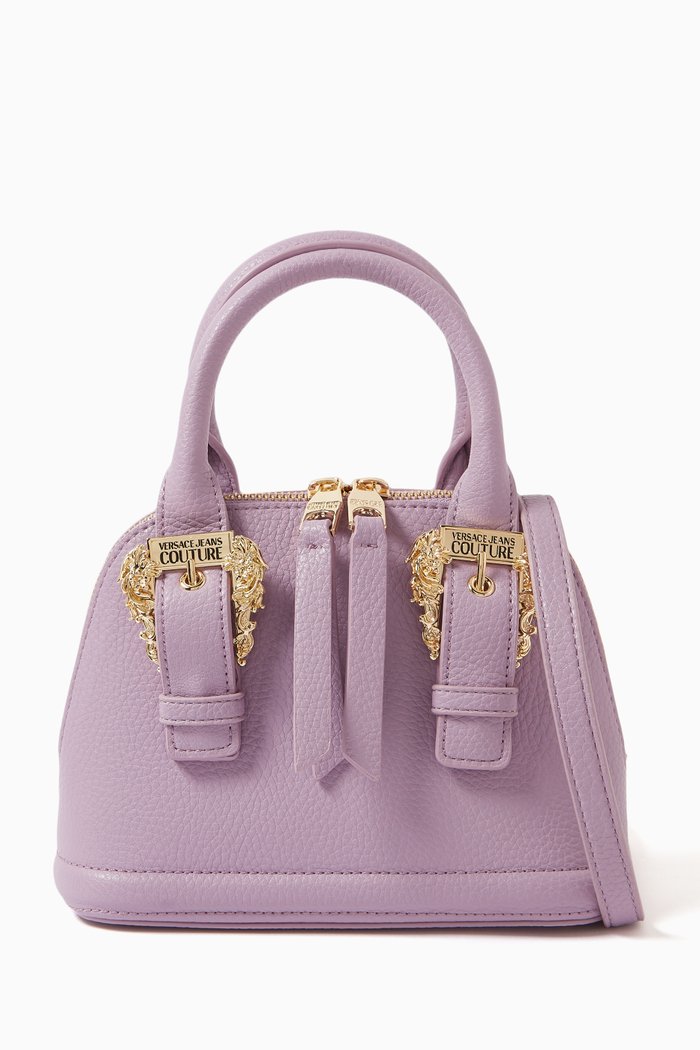 

Mini Buckle Top Handle Bag in Faux Leather, Purple