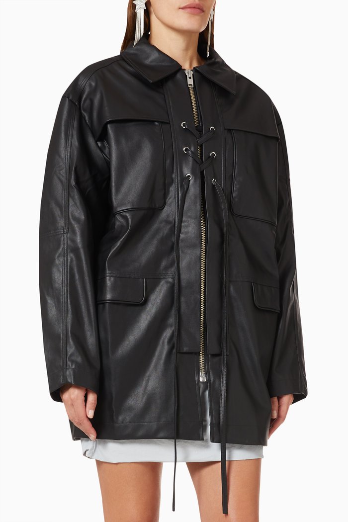 

Lara Lace-up Oversized Jacket in Vegan Leather, Black