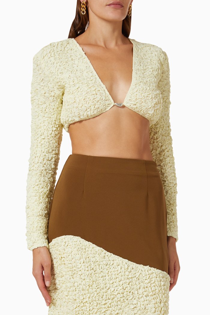 

Popcorn Crop Top in Textured Shirred Cotton, Yellow