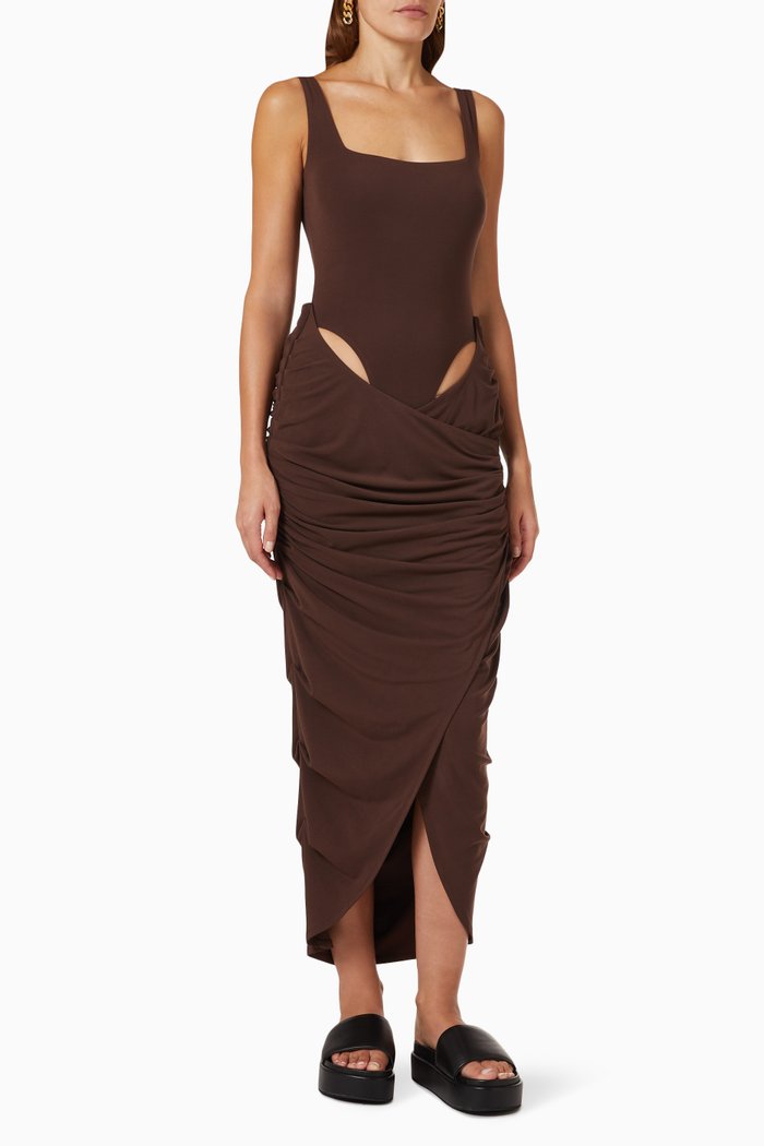 Mariah Bodysuit Midi Dress in Jersey, Brown
