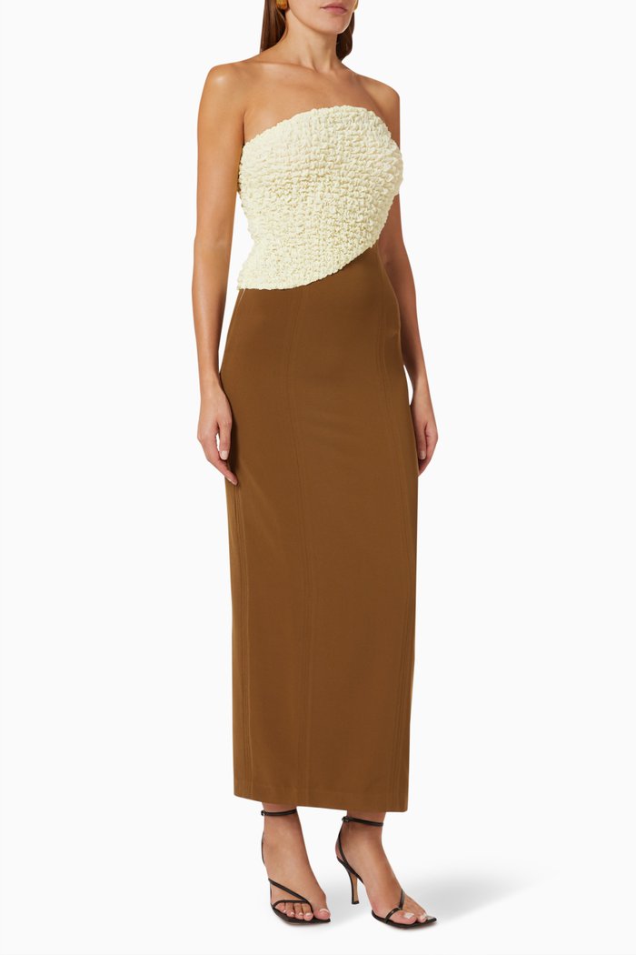 

Ariana Midi Dress in Textured Shirred Cotton & Polyester, Yellow
