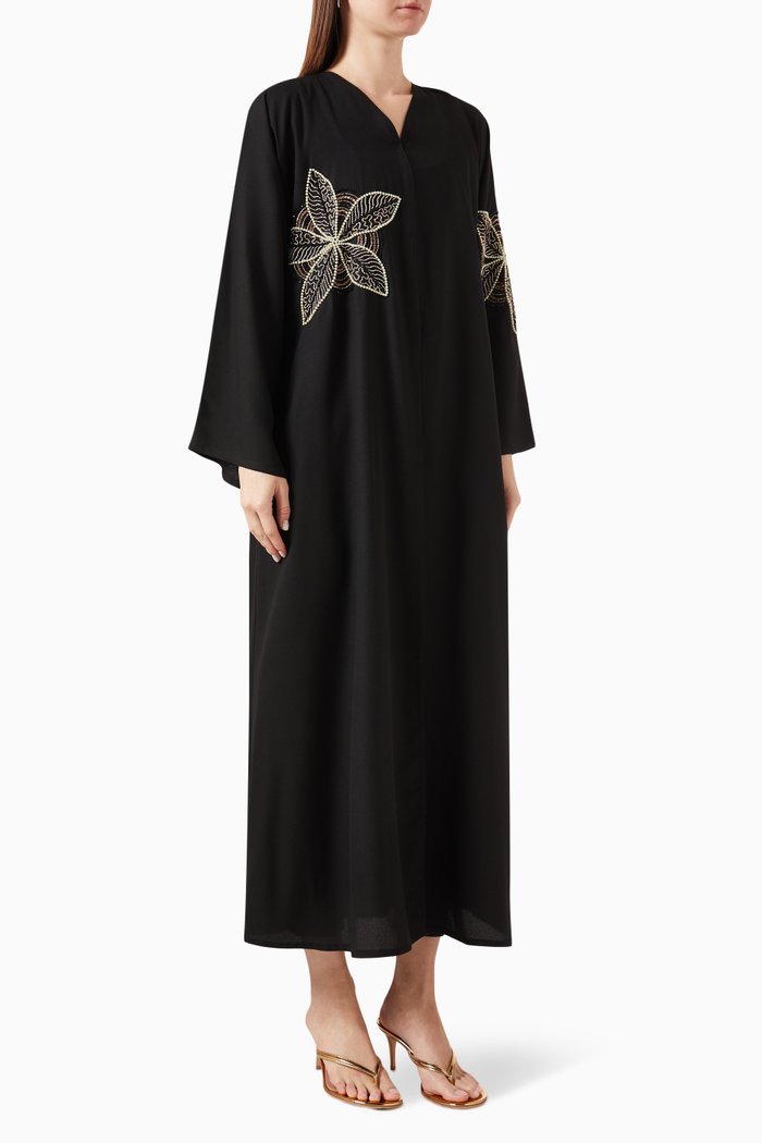 

Floral-motif Embellished Abaya, Black