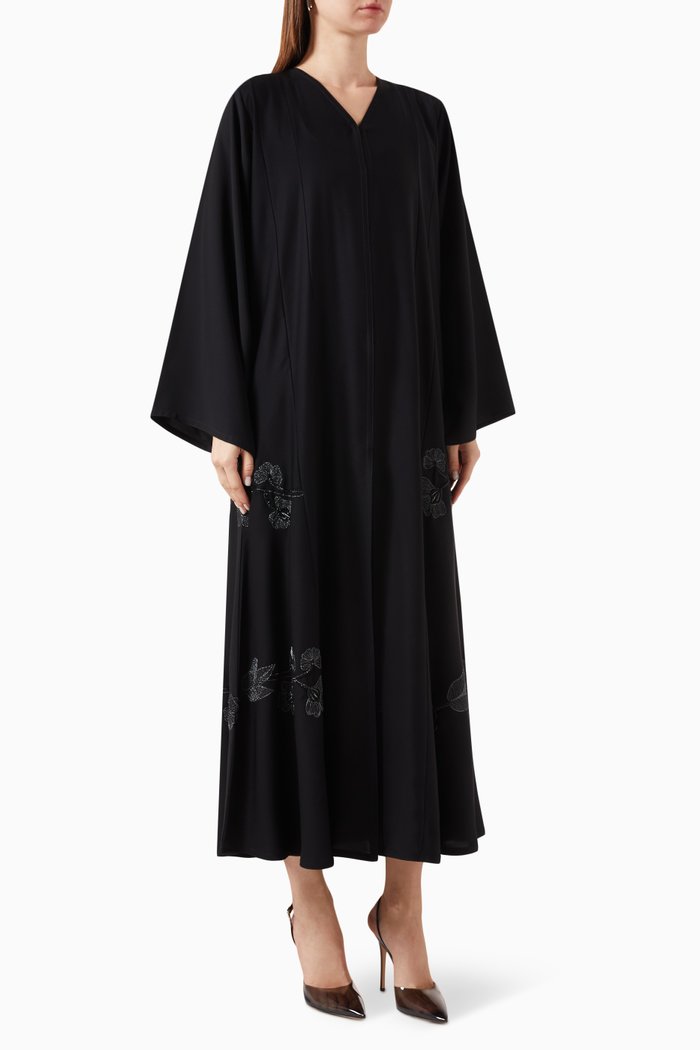 Floral-motif Embroidered Abaya, Black