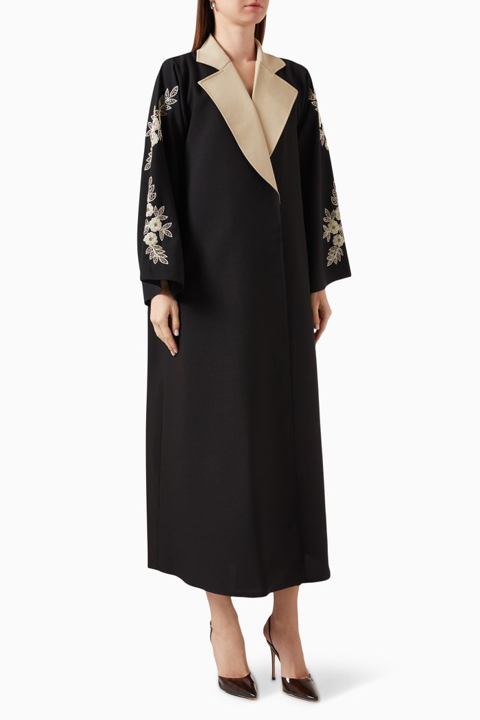 

Floral-embroidered Embellished Abaya, Black