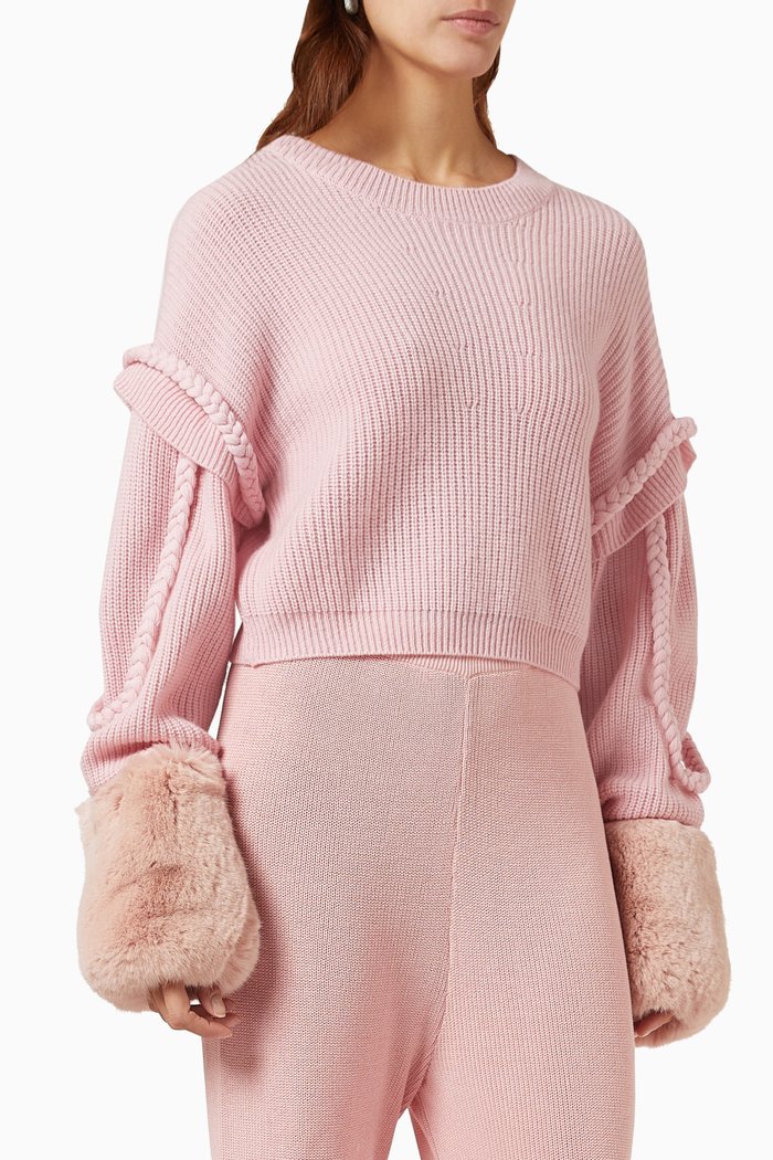 Cable Ribbed Sweater in Faux-fur & Merino Wool-blend, Pink