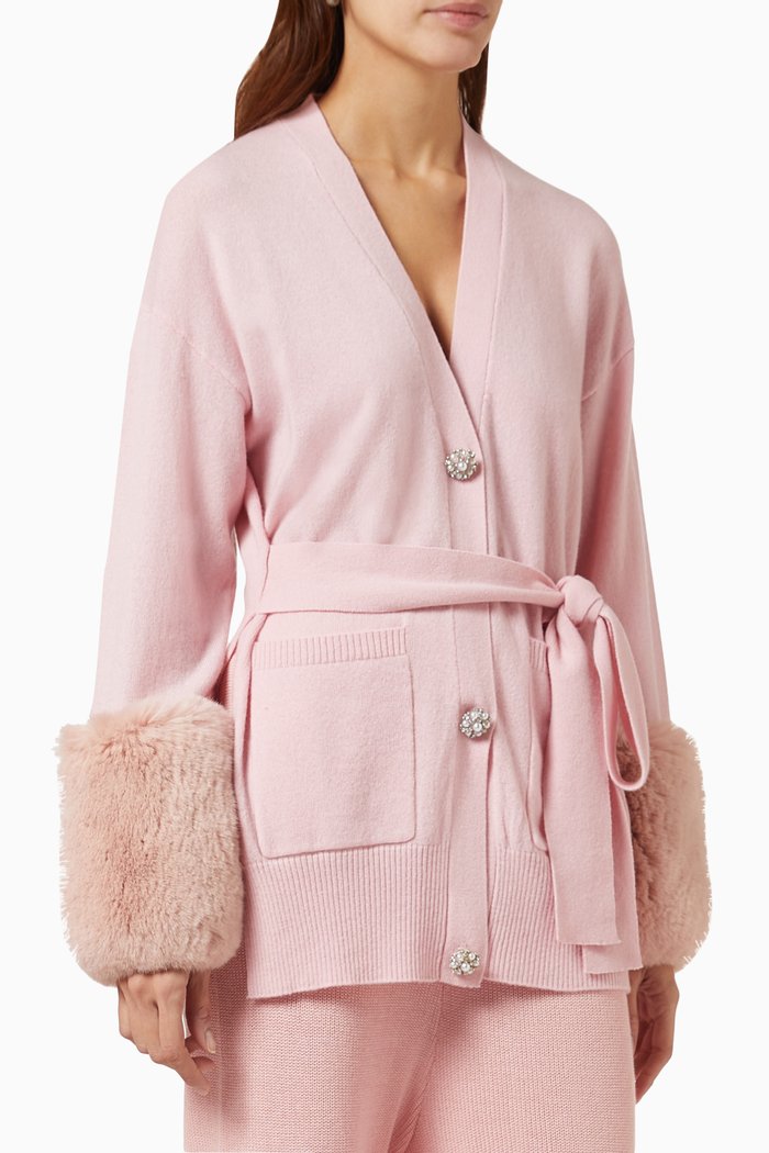 

Belted Cardigan in Faux-fur & Merino Wool-blend, Pink