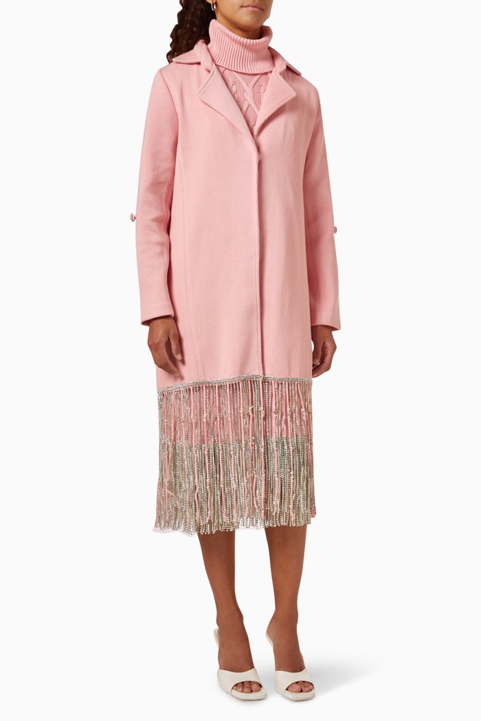 

Crystal-embellished Tassle Coat in Cotton-knit, Pink