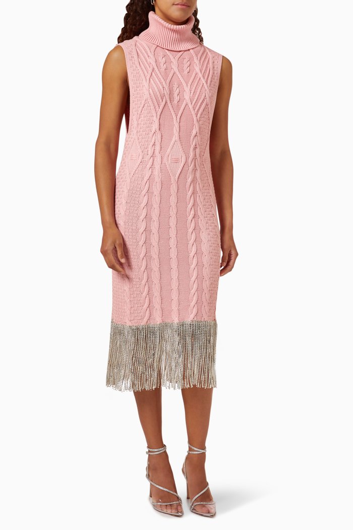 

Crystal-embellished Cable Midi Dress in Cotton-knit, Pink