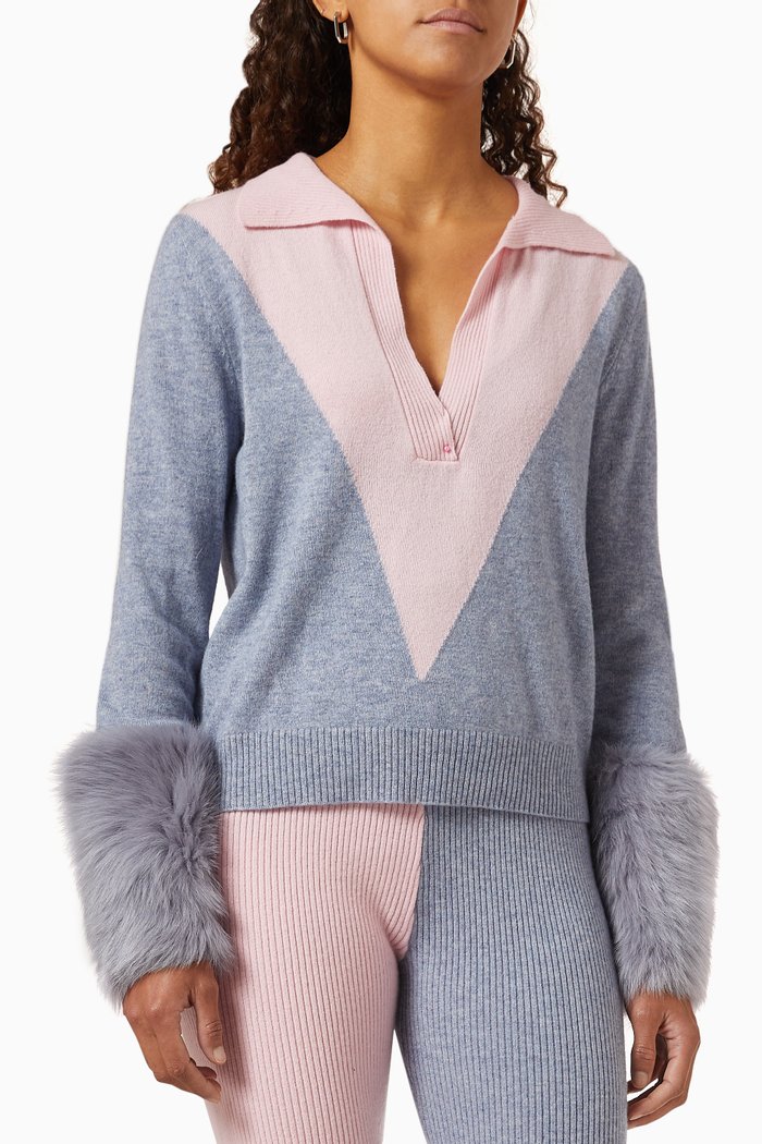 

Shearling-cuff Colour-block Sweater in Merino Wool-blend, Grey
