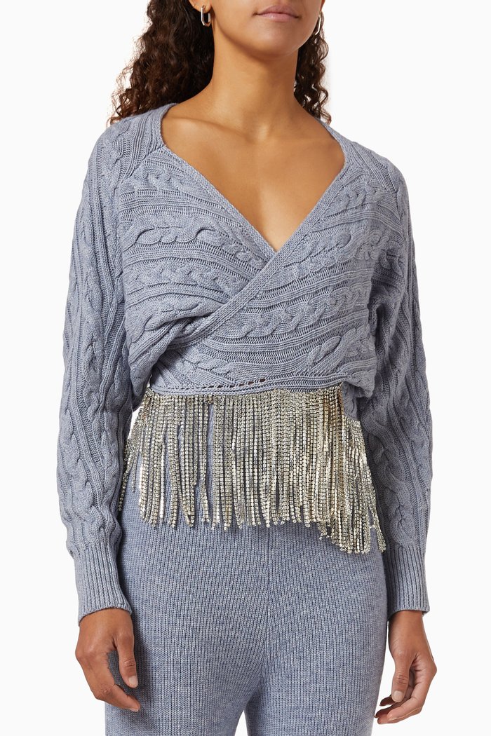 

Embellished Fringe Cable-knit Sweater in Merino Wool-blend, Grey