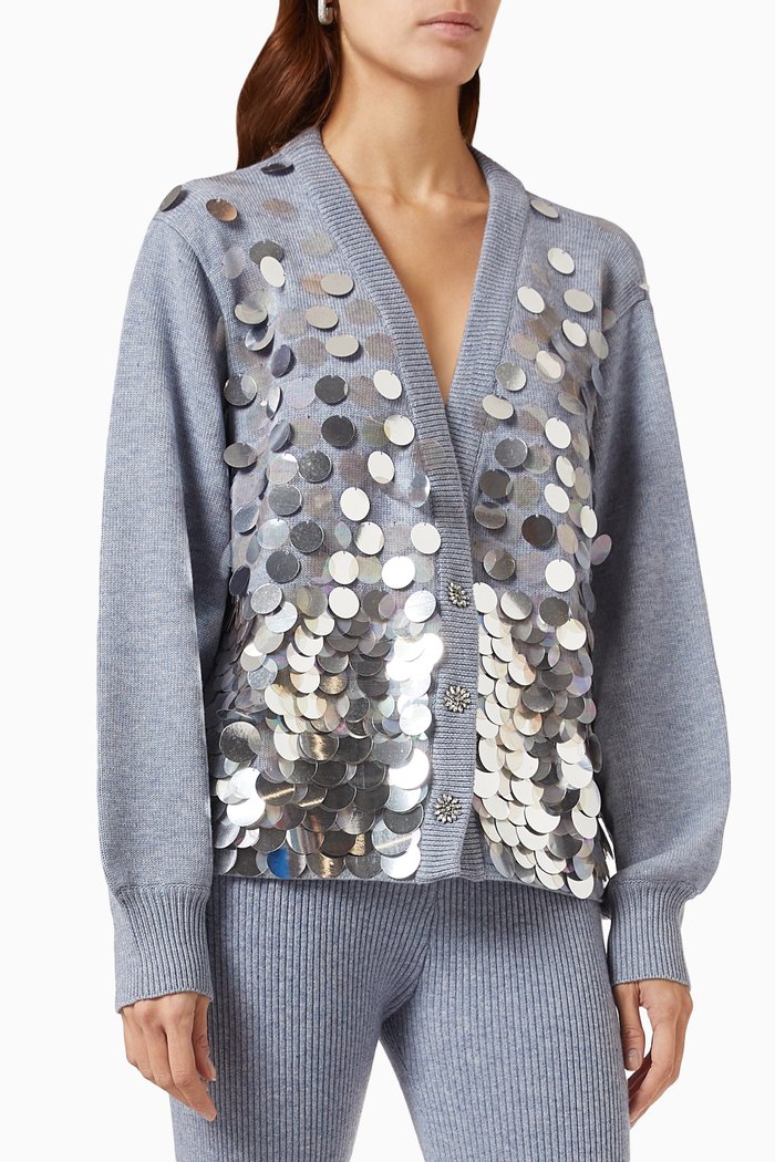 

Sequin-embellished Cardigan in Merino Wool-blend, Grey