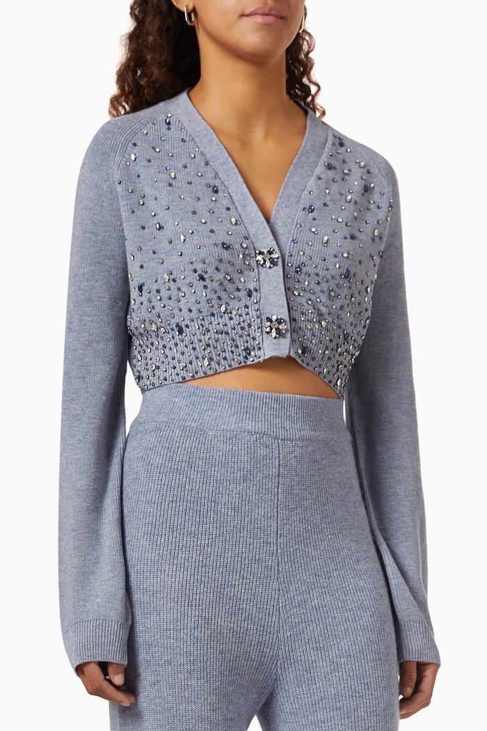 

Crystal-embellished Crop Cardigan in Cotton-knit, Grey