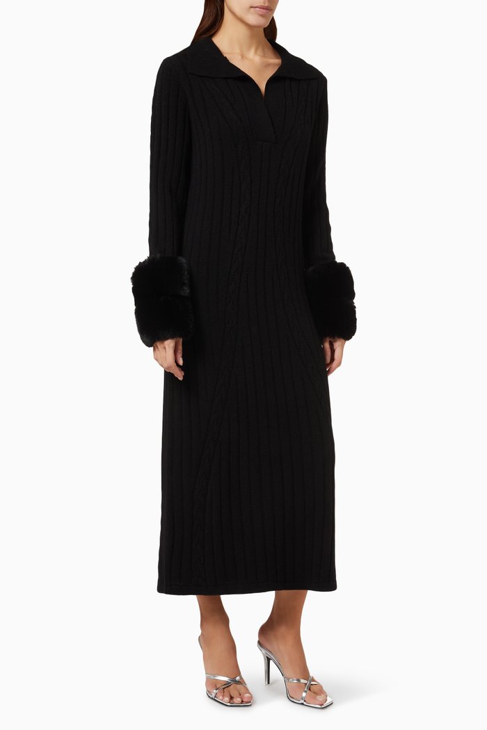 

Cable-knit Midi Dress in Faux-fur & Merino Wool-blend, Black