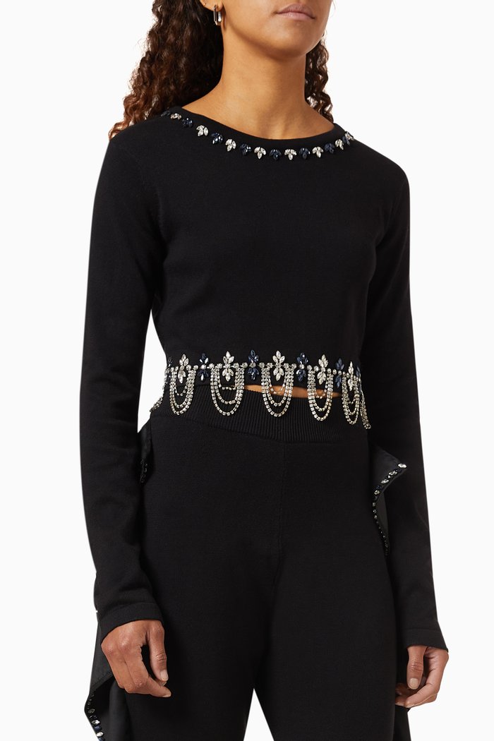 

Backless Embellished Crop Sweater in Cotton-knit, Black